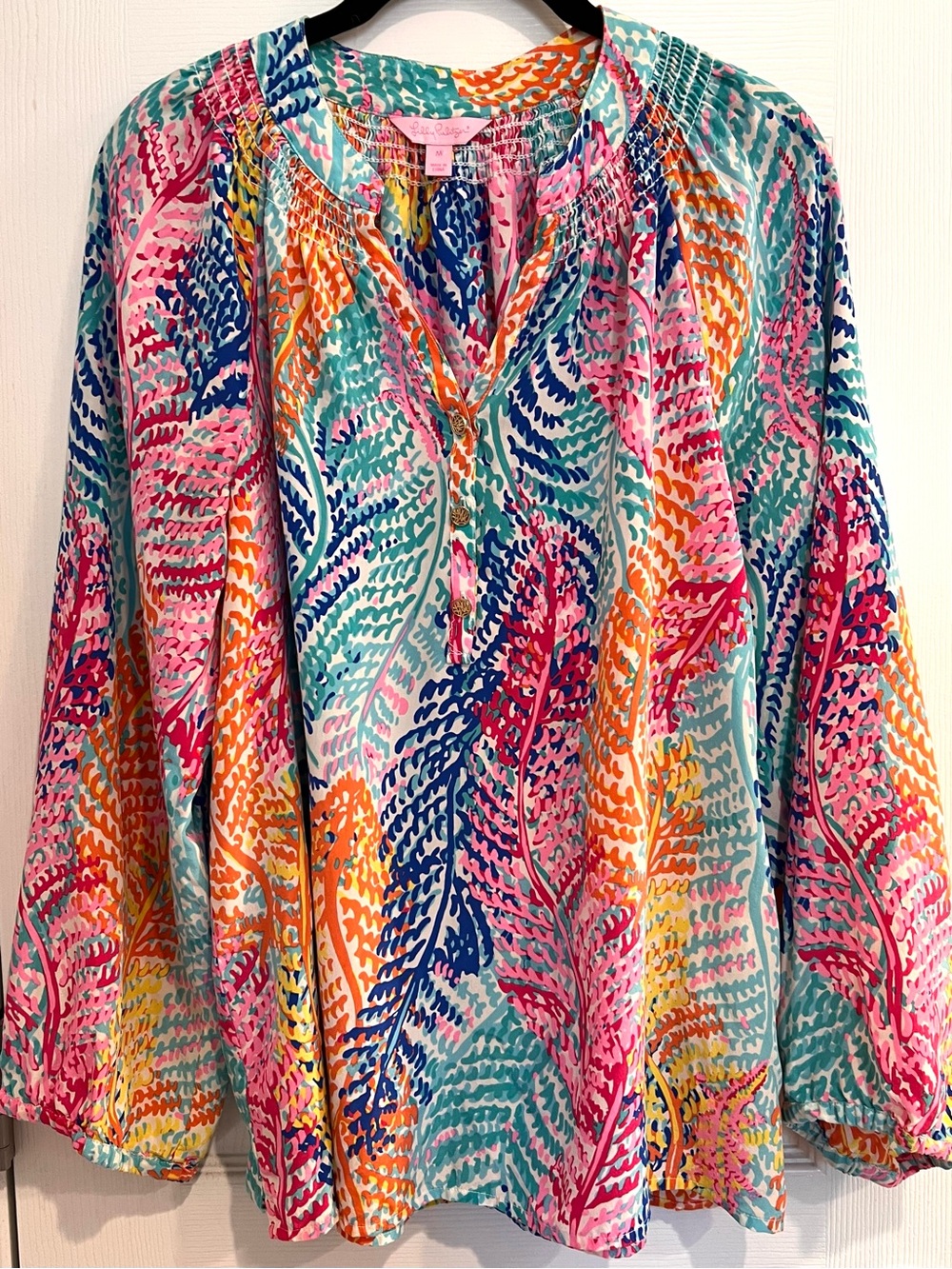 Lilly Pulitzer 100% Silk Bright Multi-Color Botanical Printed Peasant Blouse Top